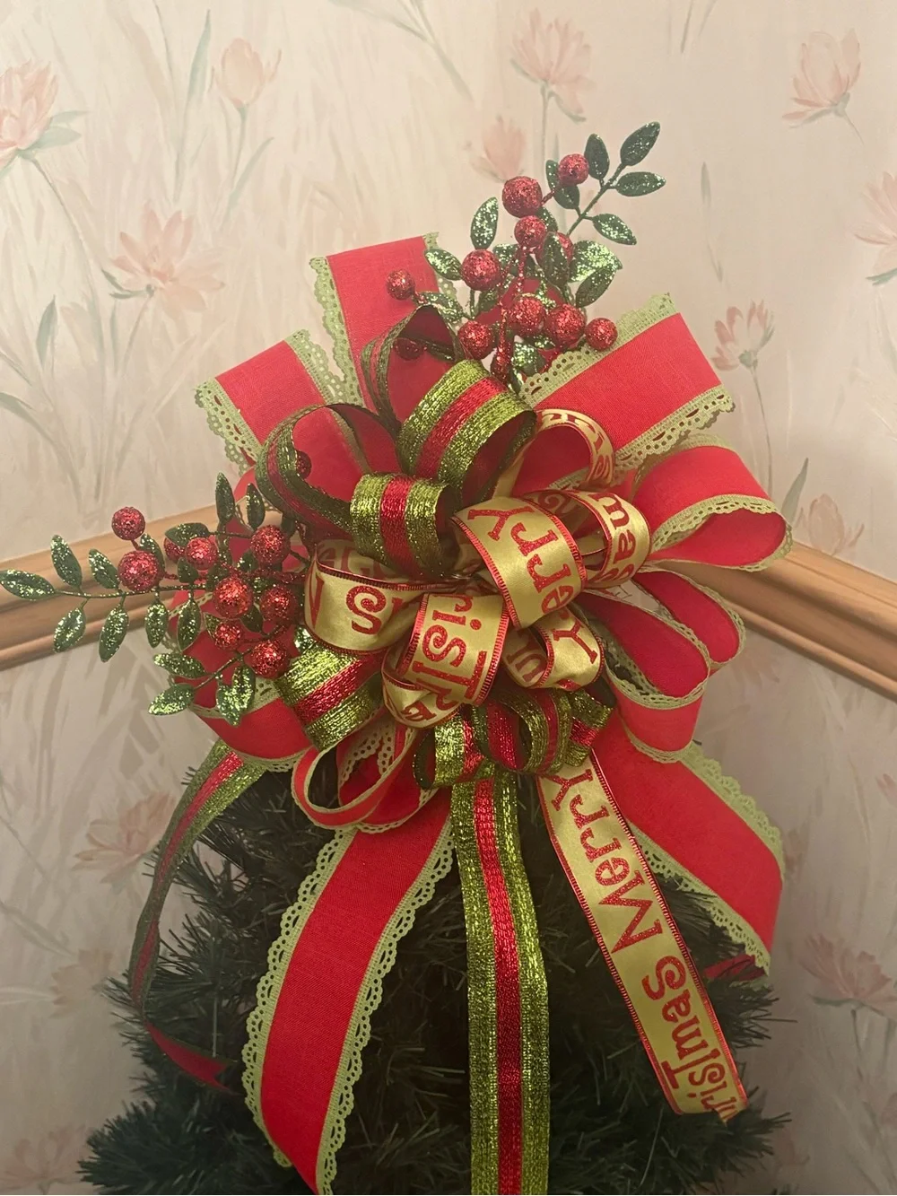 Festive Red & Green Christmas Tree Topper Bow